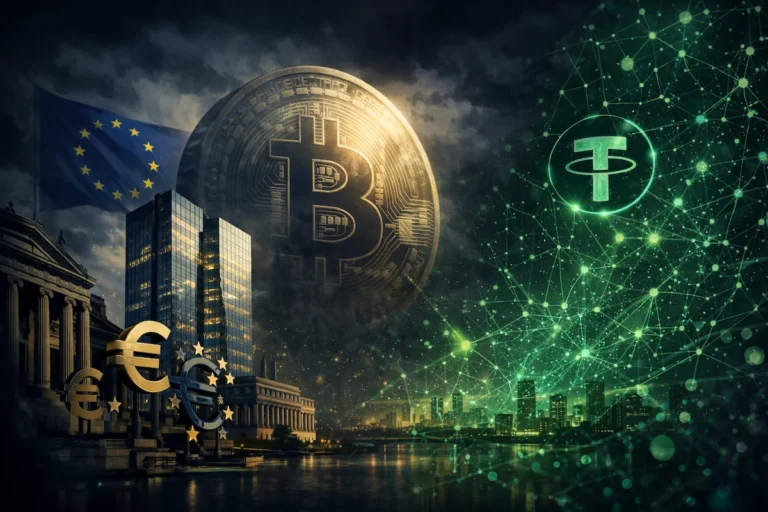 Bitcoin and Tether threatening European monetary sovereignty — ECB building with EU flag