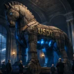 Tether USDT Trojan Horse inside European financial institution — suited figures observe the dominant stablecoin threatening global monetary sovereignty