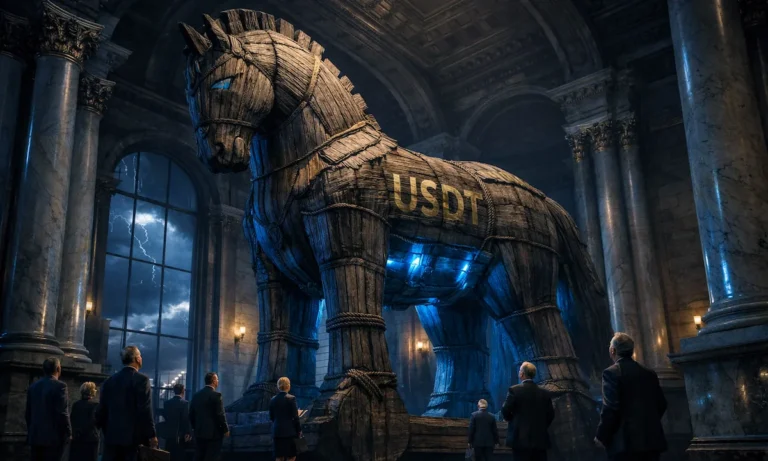 Tether USDT Trojan Horse inside European financial institution — suited figures observe the dominant stablecoin threatening global monetary sovereignty