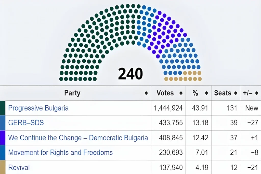 Bulgaria 2026 National Assembly seat distribution: Progressive Bulgaria 131, GERB-SDS 39, PP-DB 37, DPS-NN 21, Revival 12. Total 240 seats. Source: Wikipedia.