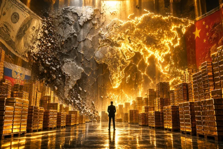 A dramatic gold vault with towering stacks of gold bars, a crumbling dollar bill and fading Western world map on the left, and a glowing golden Eastern hemisphere with Russian and Chinese flags on the right, symbolizing the global shift from dollar reserves to gold.