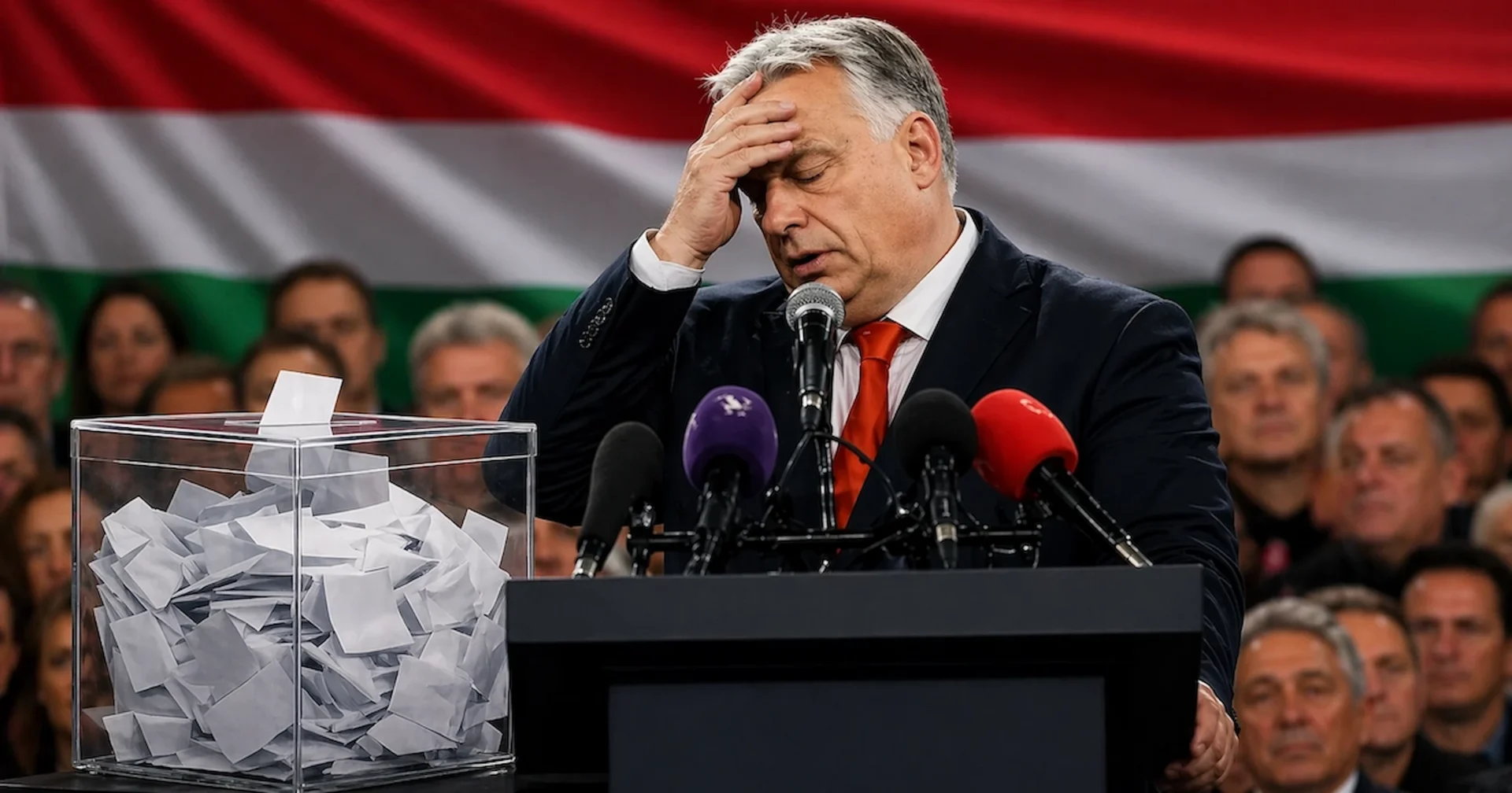 A defeated politician stands at a podium with press microphones and a ballot box in the foreground, Hungarian flag behind him — representing Viktor Orbán's election defeat in Hungary April 2026.