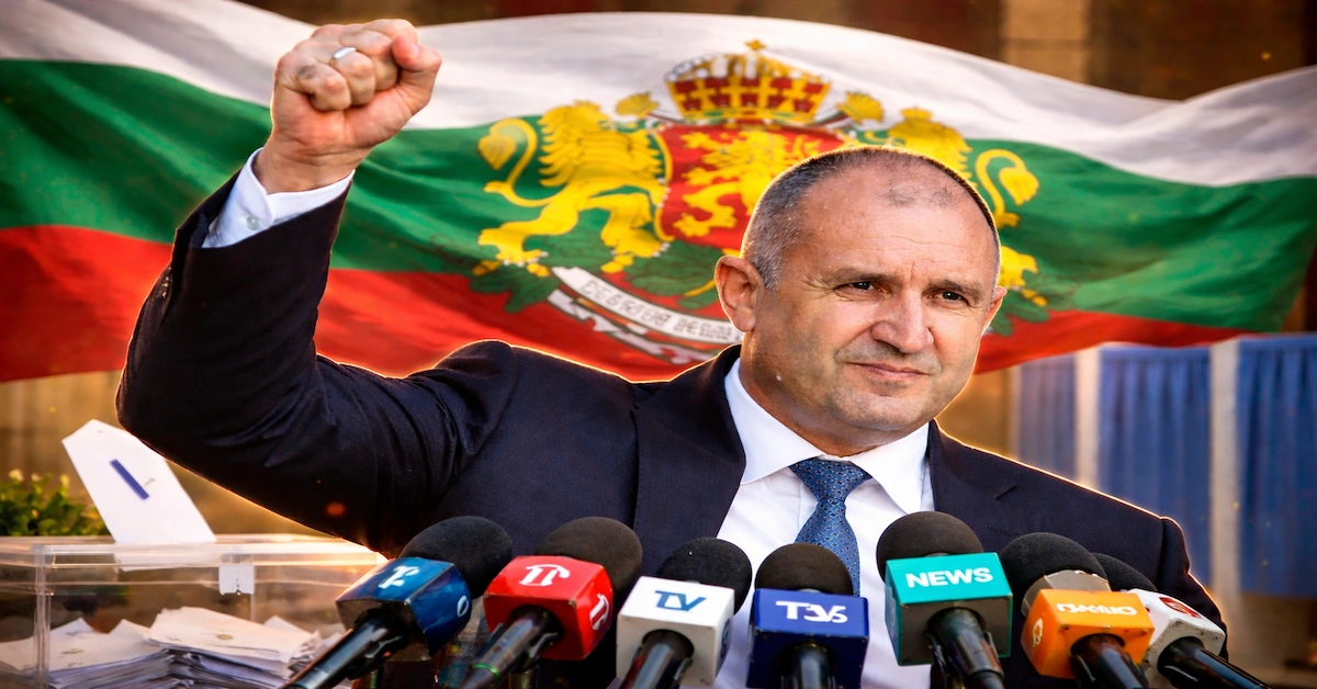 umen Radev raises his fist at a victory press conference with Bulgarian flag behind him — Bulgaria parliamentary election April 2026.