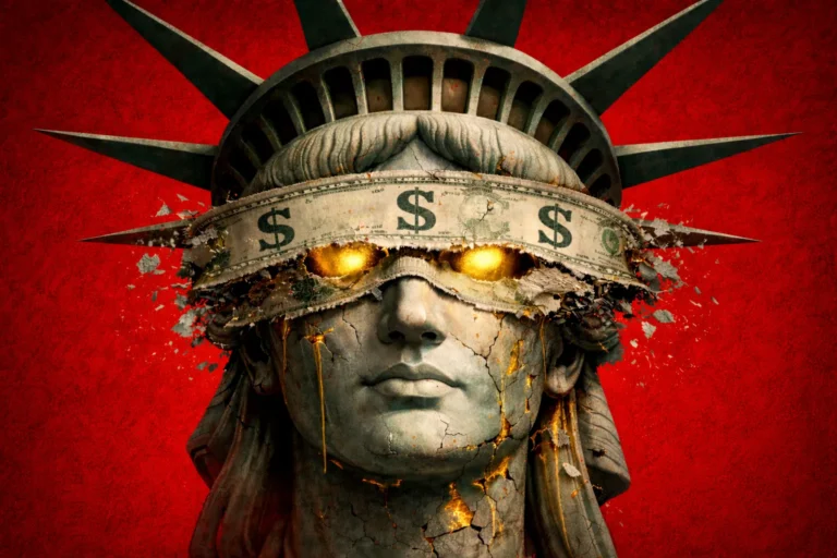 Cracked Statue of Liberty blindfolded by dollar bills with gold eyes breaking through — symbol of monetary system collapse